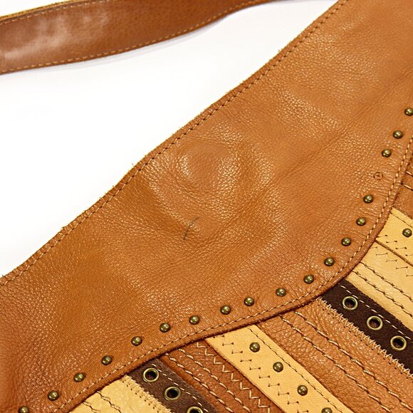 Fossil Leather & Suede Striped Hobo Bag Studded Riveted Brown & Tan Shoulder Bag - Picture 9 of 12